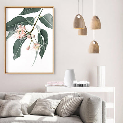 Flowering Eucalyptus in Blush - Art Print, Poster, Stretched Canvas or Framed Wall Art Prints, shown framed in a room