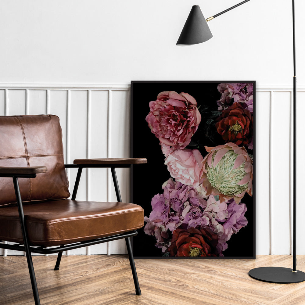 Dark Floral Landscape - Art Print, Poster, Stretched Canvas or Framed Wall Art, shown framed in a home interior space