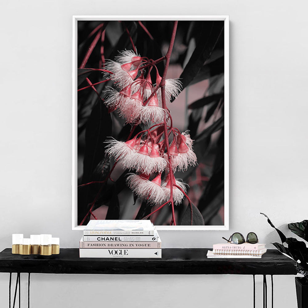Blushing Eucalyptus Flowers on Dark - Art Print, Poster, Stretched Canvas or Framed Wall Art Prints, shown framed in a room