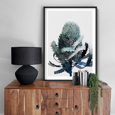 Banksia Blues Abstract II - Art Print, Poster, Stretched Canvas or Framed Wall Art Prints, shown framed in a room