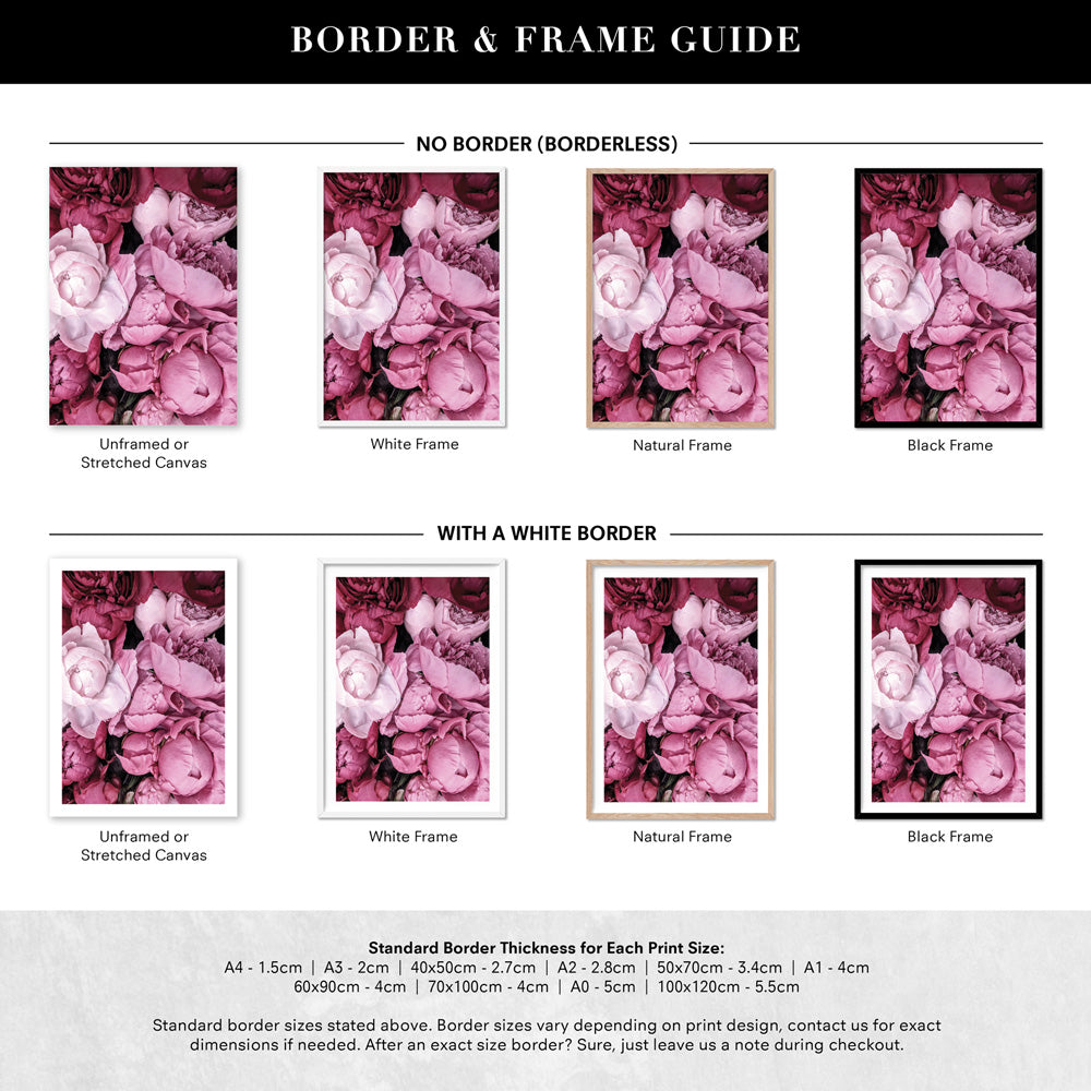 Pink Peonies | Sea of Flowers - Art Print, Poster, Stretched Canvas or Framed Wall Art, Showing White , Black, Natural Frame Colours, No Frame (Unframed) or Stretched Canvas, and With or Without White Borders