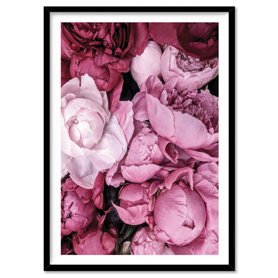 Pink Peonies | Sea of Flowers - Art Print, Poster, Stretched Canvas, or Framed Wall Art Print, shown in a black frame