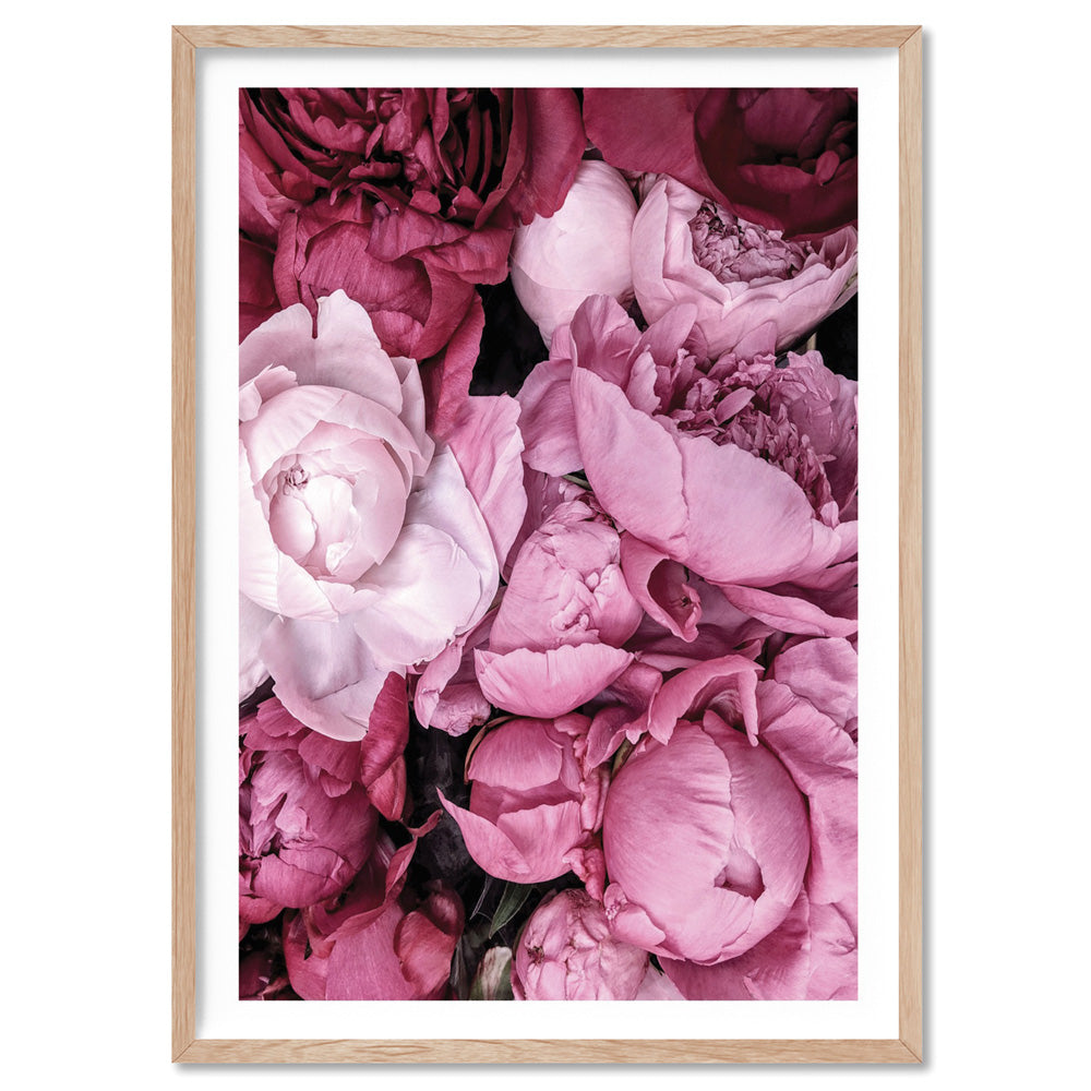 Pink Peonies | Sea of Flowers - Art Print, Poster, Stretched Canvas, or Framed Wall Art Print, shown in a natural timber frame