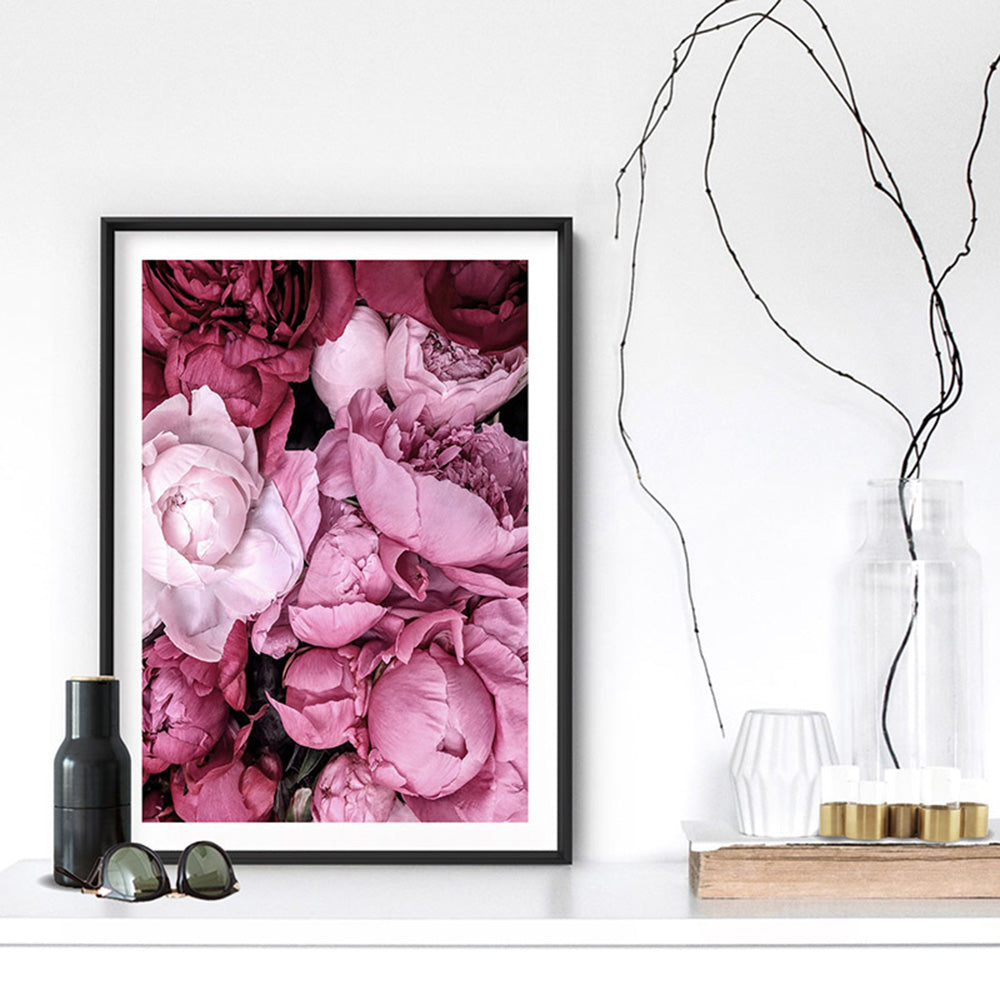 Pink Peonies | Sea of Flowers - Art Print, Poster, Stretched Canvas or Framed Wall Art Prints, shown framed in a room