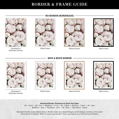 Light Roses | Sea of Flowers - Art Print, Poster, Stretched Canvas or Framed Wall Art, Showing White , Black, Natural Frame Colours, No Frame (Unframed) or Stretched Canvas, and With or Without White Borders