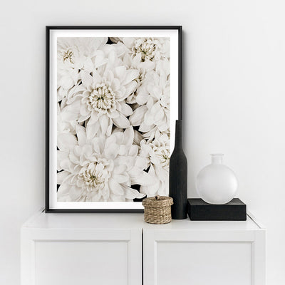 White Dahlias | Sea of Flowers - Art Print, Poster, Stretched Canvas or Framed Wall Art Prints, shown framed in a room