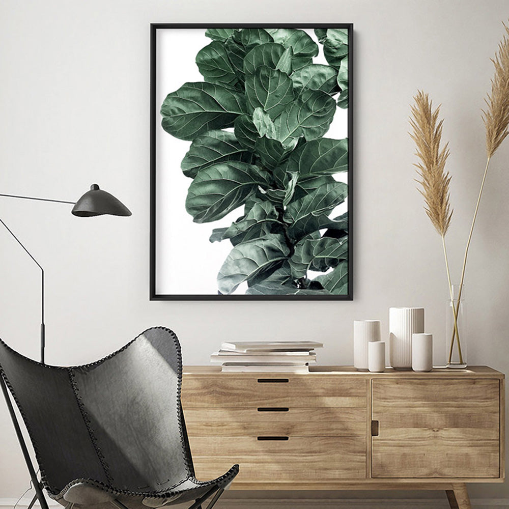 Fiddle Leaf Fig Watercolour I - Art Print, Poster, Stretched Canvas or Framed Wall Art Prints, shown framed in a room