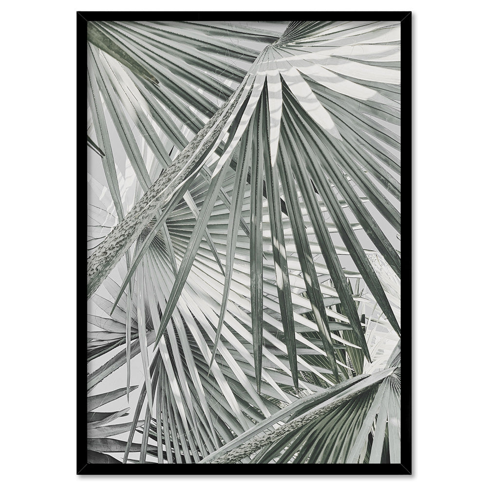 Fan Palm View in Pastels - Art Print, Poster, Stretched Canvas, or Framed Wall Art Print, shown in a black frame