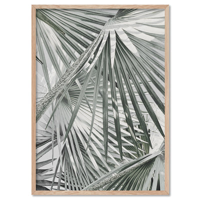 Fan Palm View in Pastels - Art Print, Poster, Stretched Canvas, or Framed Wall Art Print, shown in a natural timber frame