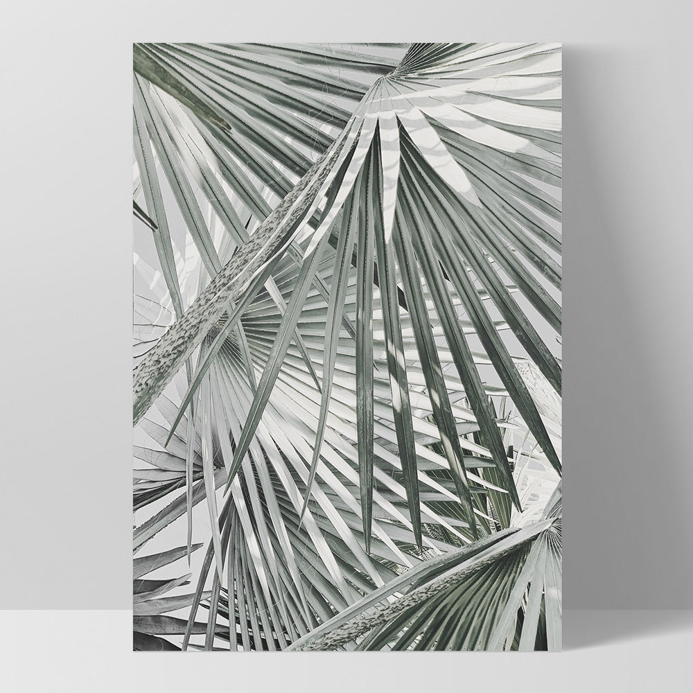 Fan Palm View in Pastels - Art Print, Poster, Stretched Canvas, or Framed Wall Art Print, shown as a stretched canvas or poster without a frame