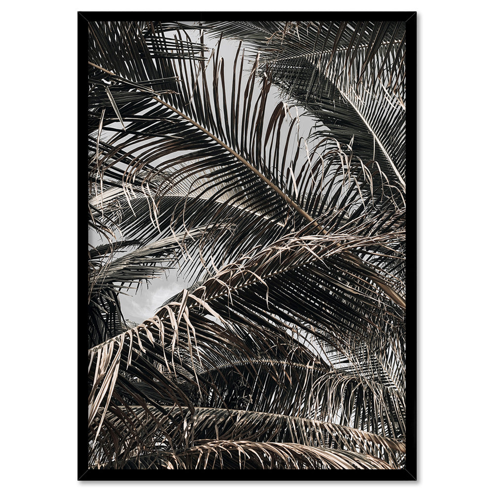 Monochrome Palm View - Art Print, Poster, Stretched Canvas, or Framed Wall Art Print, shown in a black frame