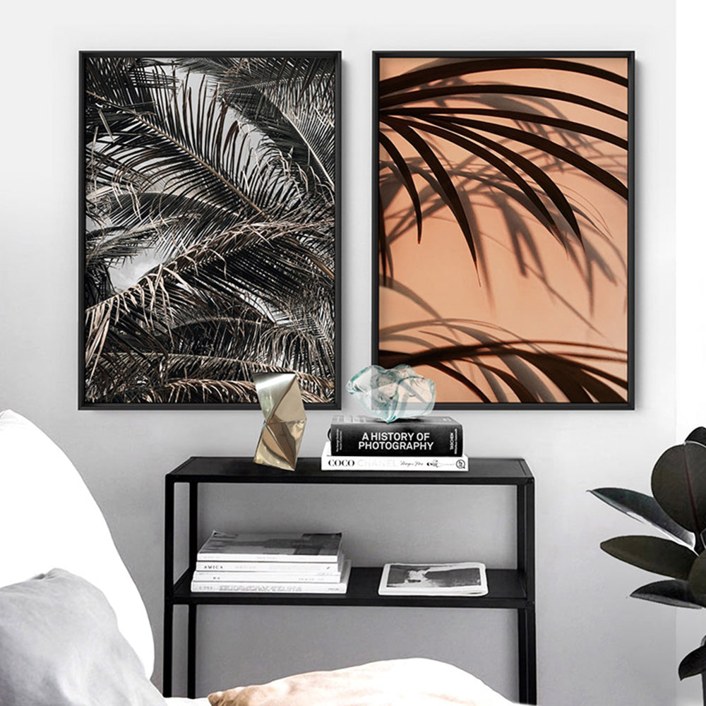 Monochrome Palm View - Art Print, Poster, Stretched Canvas or Framed Wall Art, shown framed in a home interior space