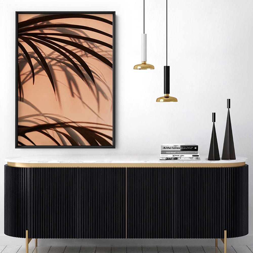 Burnt Orange Palms View - Art Print, Poster, Stretched Canvas or Framed Wall Art Prints, shown framed in a room