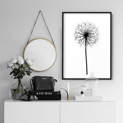 Dandelion Monochrome - Art Print, Poster, Stretched Canvas or Framed Wall Art Prints, shown framed in a room