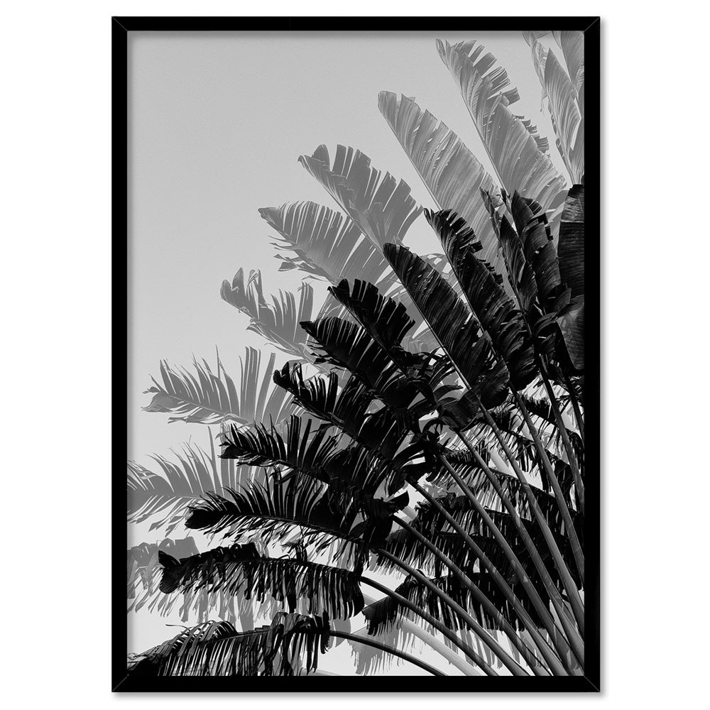 Banana Leaves Palm I | Black & White - Art Print, Poster, Stretched Canvas, or Framed Wall Art Print, shown in a black frame