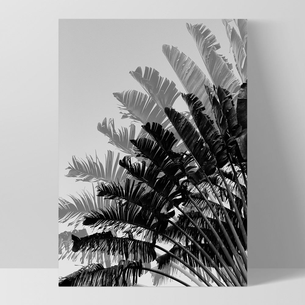 Banana Leaves Palm I | Black & White - Art Print, Poster, Stretched Canvas, or Framed Wall Art Print, shown as a stretched canvas or poster without a frame