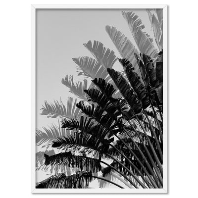 Banana Leaves Palm I | Black & White - Art Print, Poster, Stretched Canvas, or Framed Wall Art Print, shown in a white frame