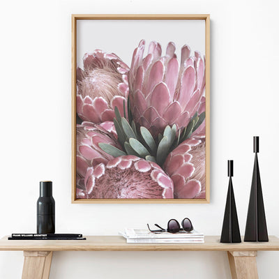 Queen Protea Stack - Art Print, Poster, Stretched Canvas or Framed Wall Art Prints, shown framed in a room