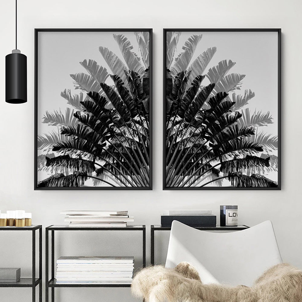 Banana Leaves Palm II | Black & White - Art Print, Poster, Stretched Canvas or Framed Wall Art, shown framed in a home interior space