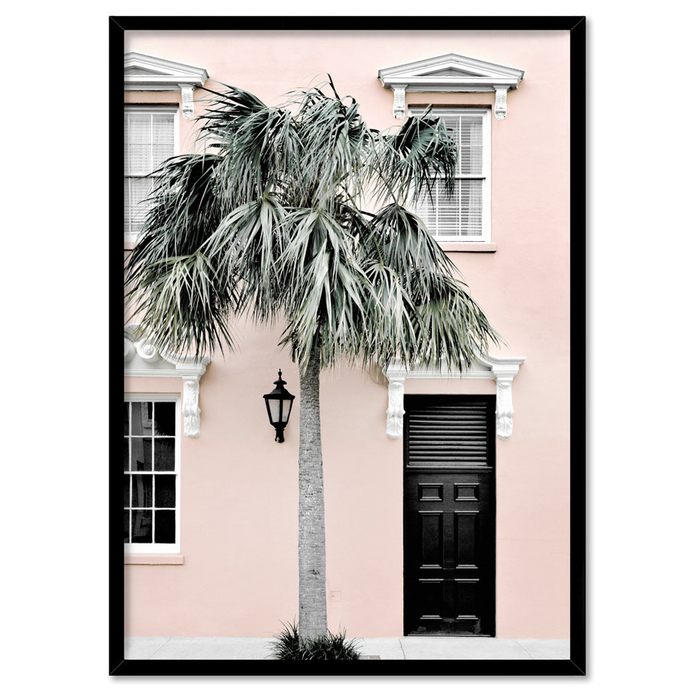 Palm Villa Doorway | Blush - Art Print, Poster, Stretched Canvas, or Framed Wall Art Print, shown in a black frame