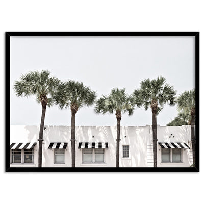 Coastal Palms View on South Beach - Art Print, Poster, Stretched Canvas, or Framed Wall Art Print, shown in a black frame