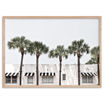 Coastal Palms View on South Beach - Art Print, Poster, Stretched Canvas, or Framed Wall Art Print, shown in a natural timber frame