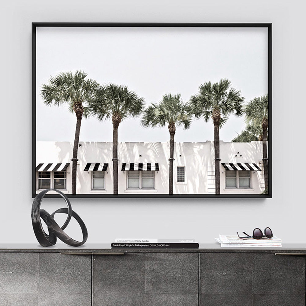 Coastal Palms View on South Beach - Art Print, Poster, Stretched Canvas or Framed Wall Art, shown framed in a home interior space