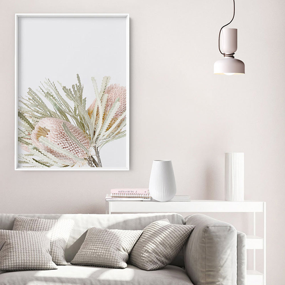 Pastel Banksias Blush I - Art Print, Poster, Stretched Canvas or Framed Wall Art Prints, shown framed in a room
