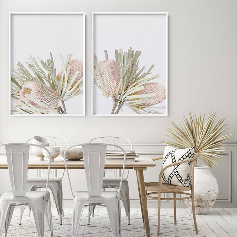 Pastel Banksias Blush I - Art Print, Poster, Stretched Canvas or Framed Wall Art, shown framed in a home interior space