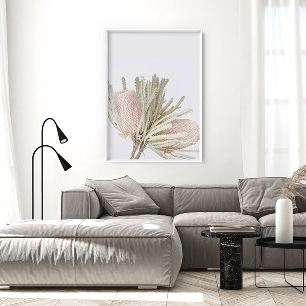 Pastel Banksias Blush II - Art Print, Poster, Stretched Canvas or Framed Wall Art Prints, shown framed in a room