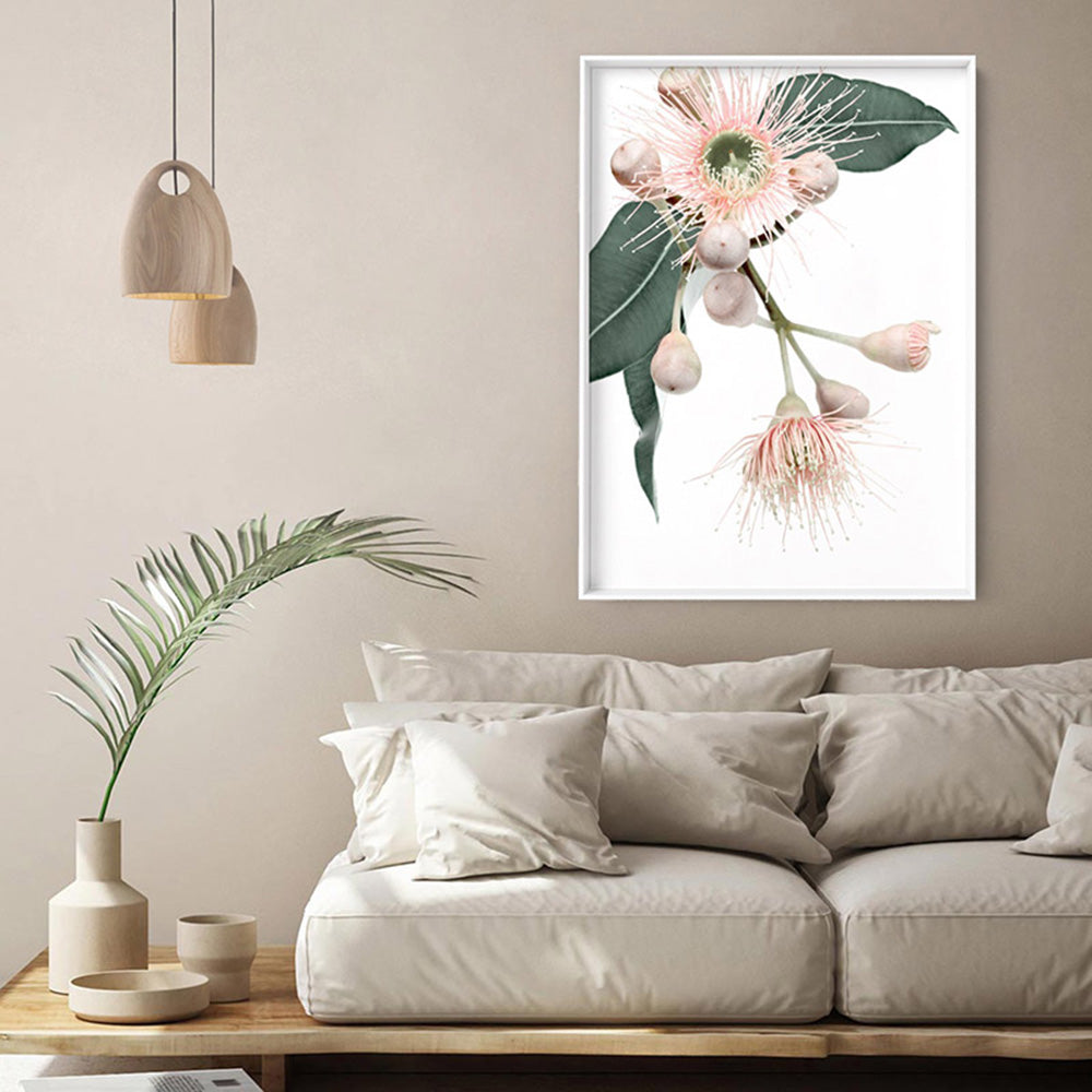 Flowering Eucalyptus in Blush II - Art Print, Poster, Stretched Canvas or Framed Wall Art Prints, shown framed in a room
