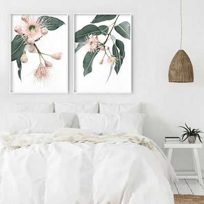 Flowering Eucalyptus in Blush II - Art Print, Poster, Stretched Canvas or Framed Wall Art, shown framed in a home interior space