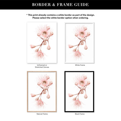 Blushing Gumtree Blossom - Art Print, Poster, Stretched Canvas or Framed Wall Art, Showing White , Black, Natural Frame Colours, No Frame (Unframed) or Stretched Canvas, and With or Without White Borders