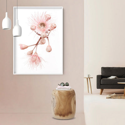 Blushing Gumtree Blossom - Art Print, Poster, Stretched Canvas or Framed Wall Art Prints, shown framed in a room
