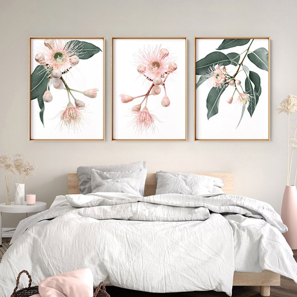 Blushing Gumtree Blossom - Art Print, Poster, Stretched Canvas or Framed Wall Art, shown framed in a home interior space