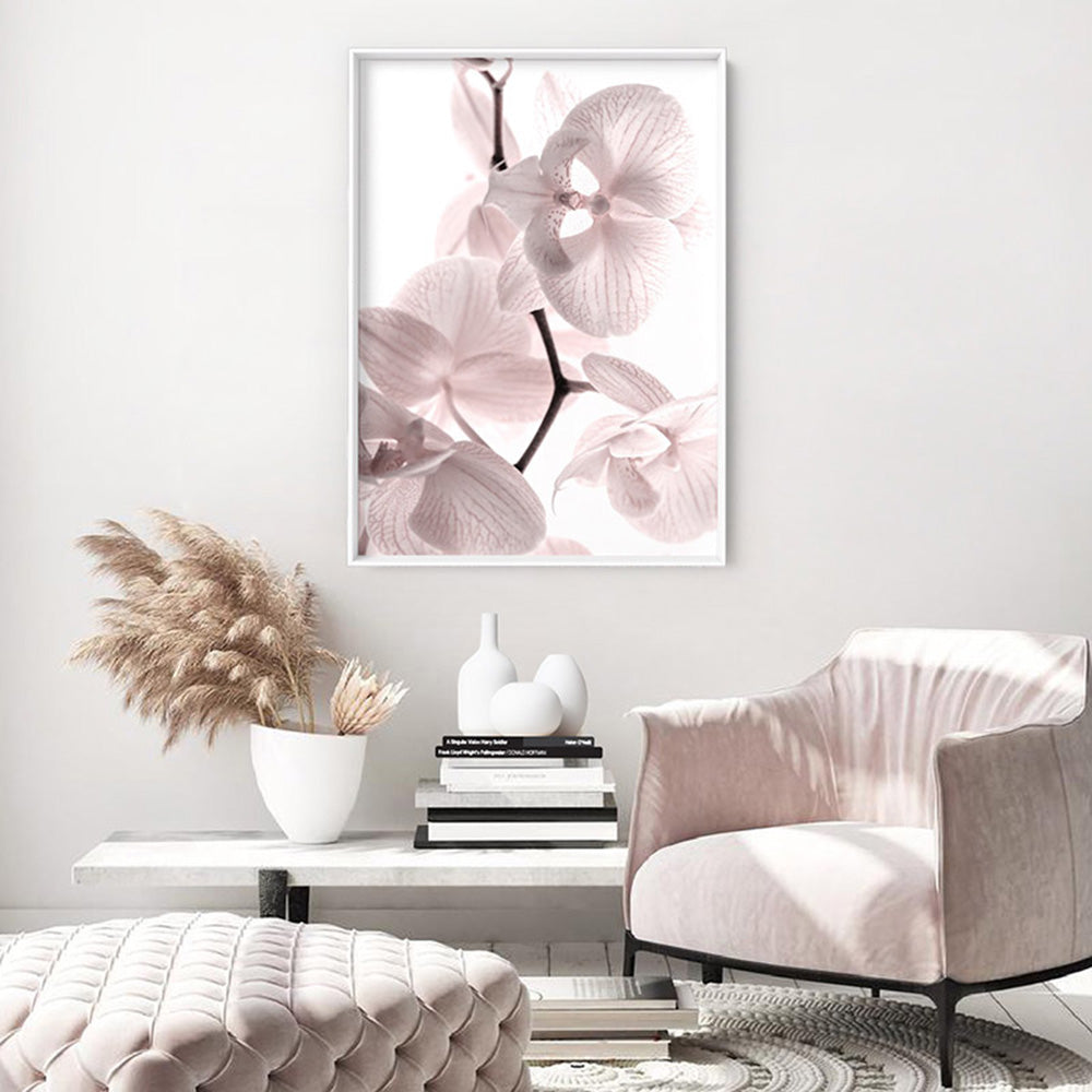 Pastel Orchid Blooms I - Art Print, Poster, Stretched Canvas or Framed Wall Art Prints, shown framed in a room