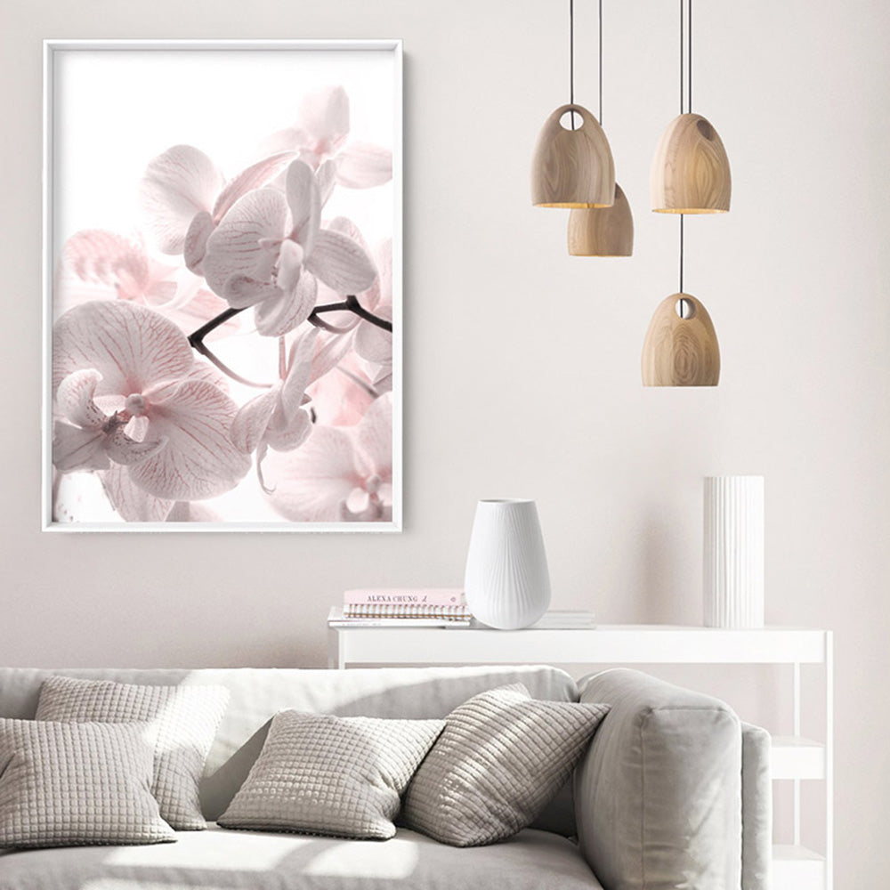 Pastel Orchid Blooms II - Art Print, Poster, Stretched Canvas or Framed Wall Art Prints, shown framed in a room