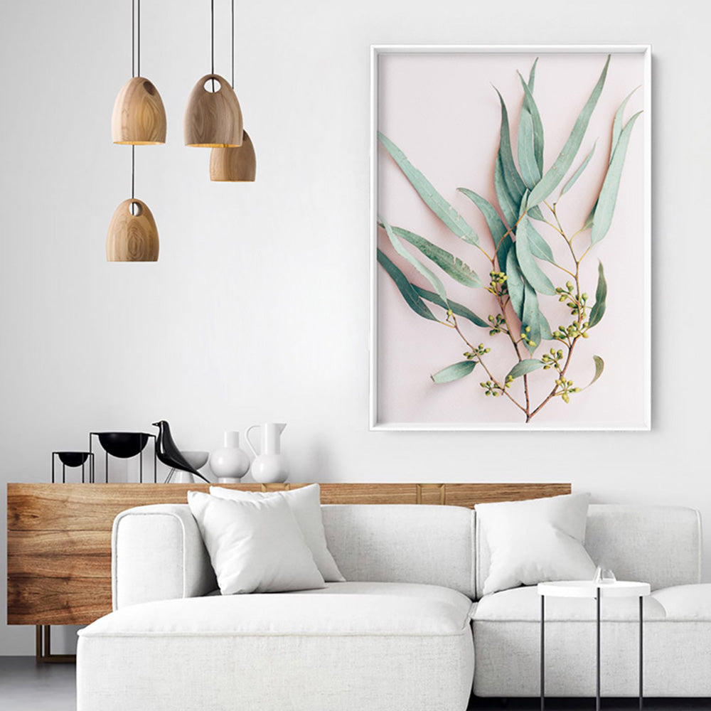 Australian Gumtree Leaves on Pink - Art Print, Poster, Stretched Canvas or Framed Wall Art Prints, shown framed in a room