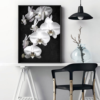 Orchid Blooms on Dark - Art Print, Poster, Stretched Canvas or Framed Wall Art Prints, shown framed in a room