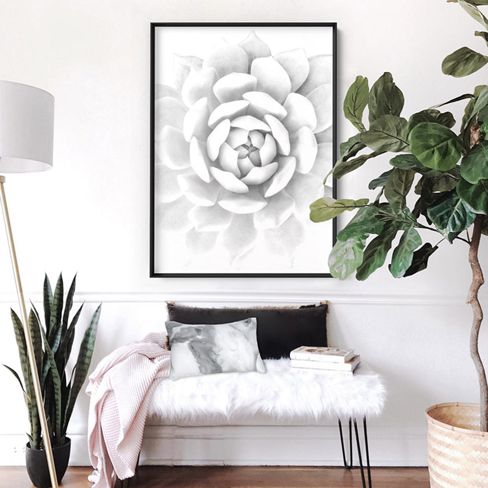 White Succulent - Art Print, Poster, Stretched Canvas or Framed Wall Art Prints, shown framed in a room