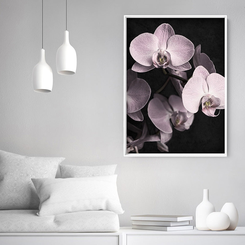 Blushing Orchids on Dark- Art Print, Poster, Stretched Canvas or Framed Wall Art Prints, shown framed in a room
