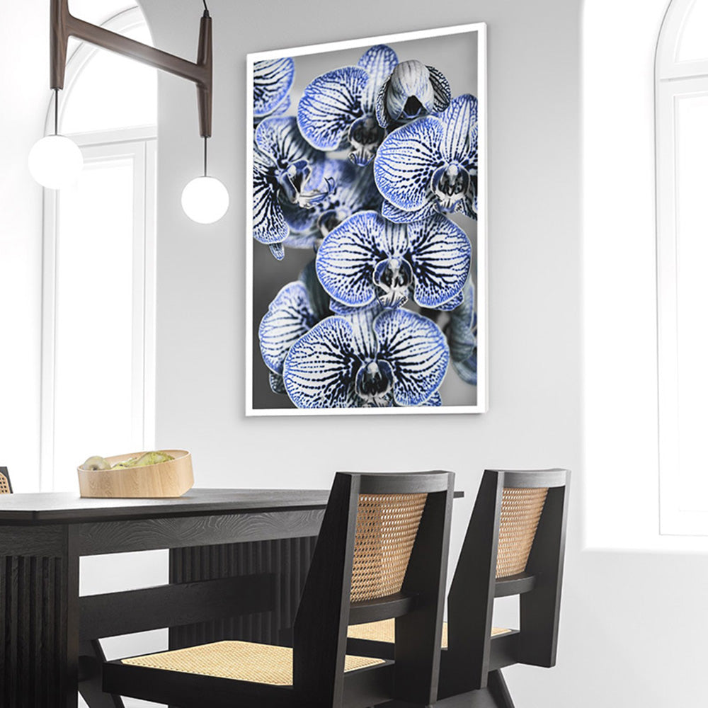 Blue Vein Orchids - Art Print, Poster, Stretched Canvas or Framed Wall Art Prints, shown framed in a room