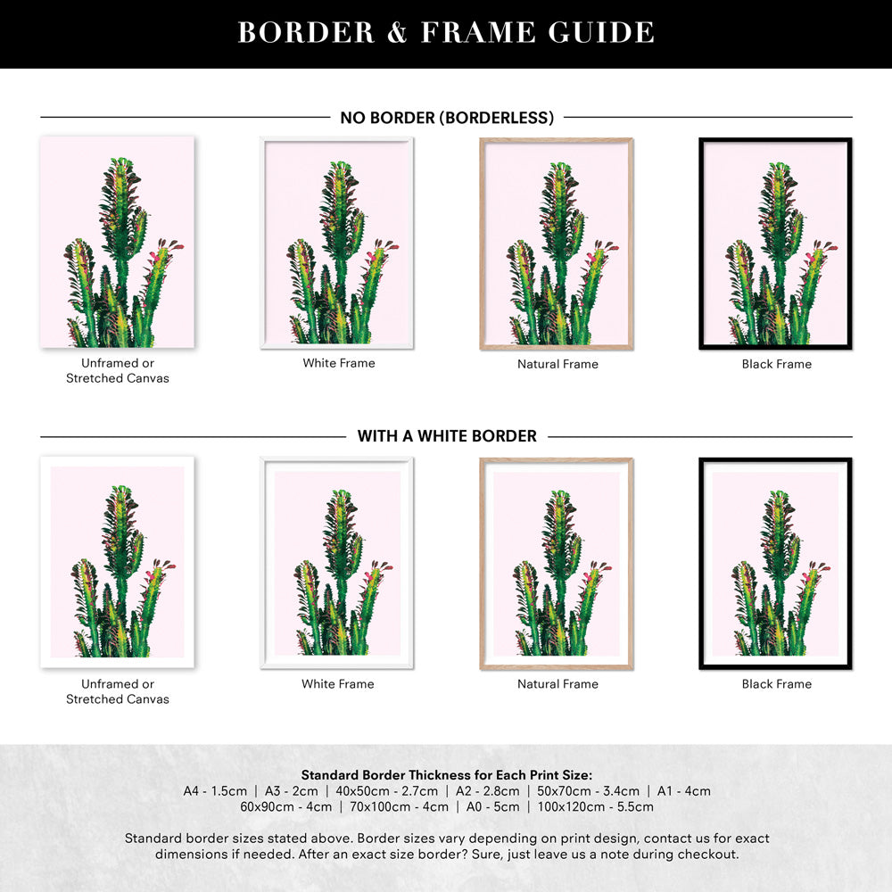 Cactus Succulent Tower - Art Print, Poster, Stretched Canvas or Framed Wall Art, Showing White , Black, Natural Frame Colours, No Frame (Unframed) or Stretched Canvas, and With or Without White Borders