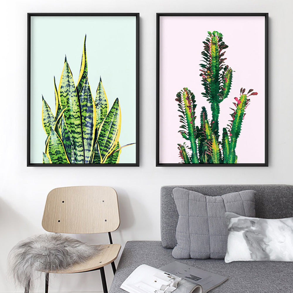 Cactus Succulent Tower - Art Print, Poster, Stretched Canvas or Framed Wall Art, shown framed in a home interior space