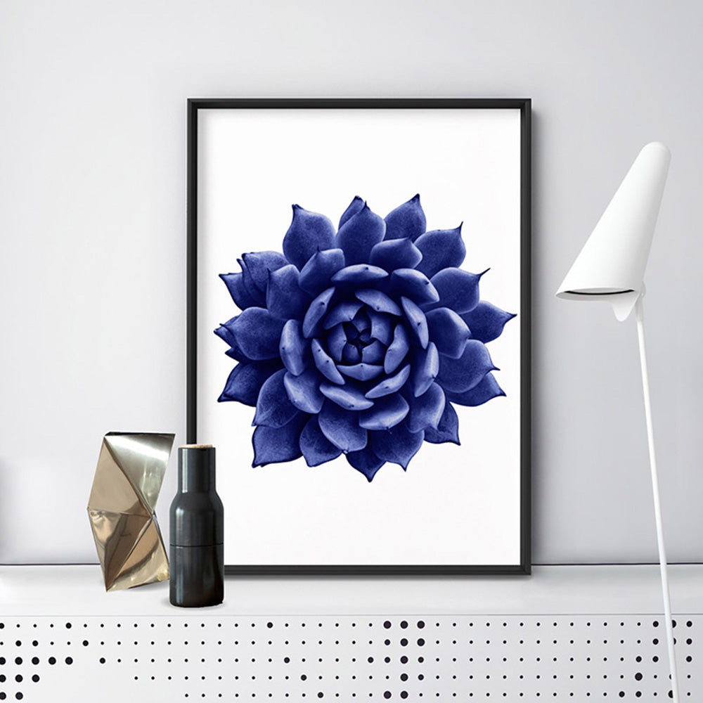 Indigo Succulent I - Art Print, Poster, Stretched Canvas or Framed Wall Art Prints, shown framed in a room