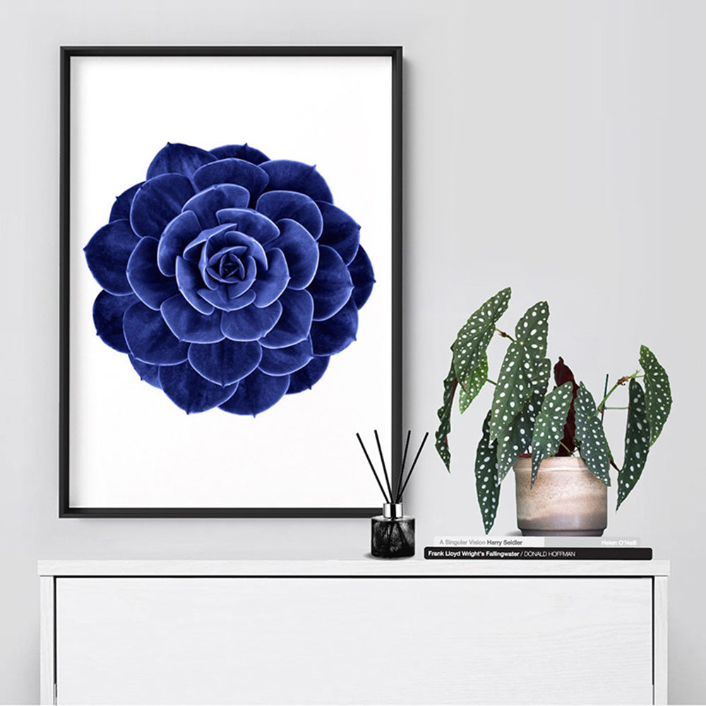 Indigo Succulent II - Art Print, Poster, Stretched Canvas or Framed Wall Art Prints, shown framed in a room