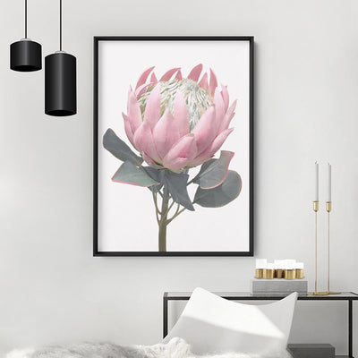King Protea Vintage Portrait - Art Print, Poster, Stretched Canvas or Framed Wall Art Prints, shown framed in a room