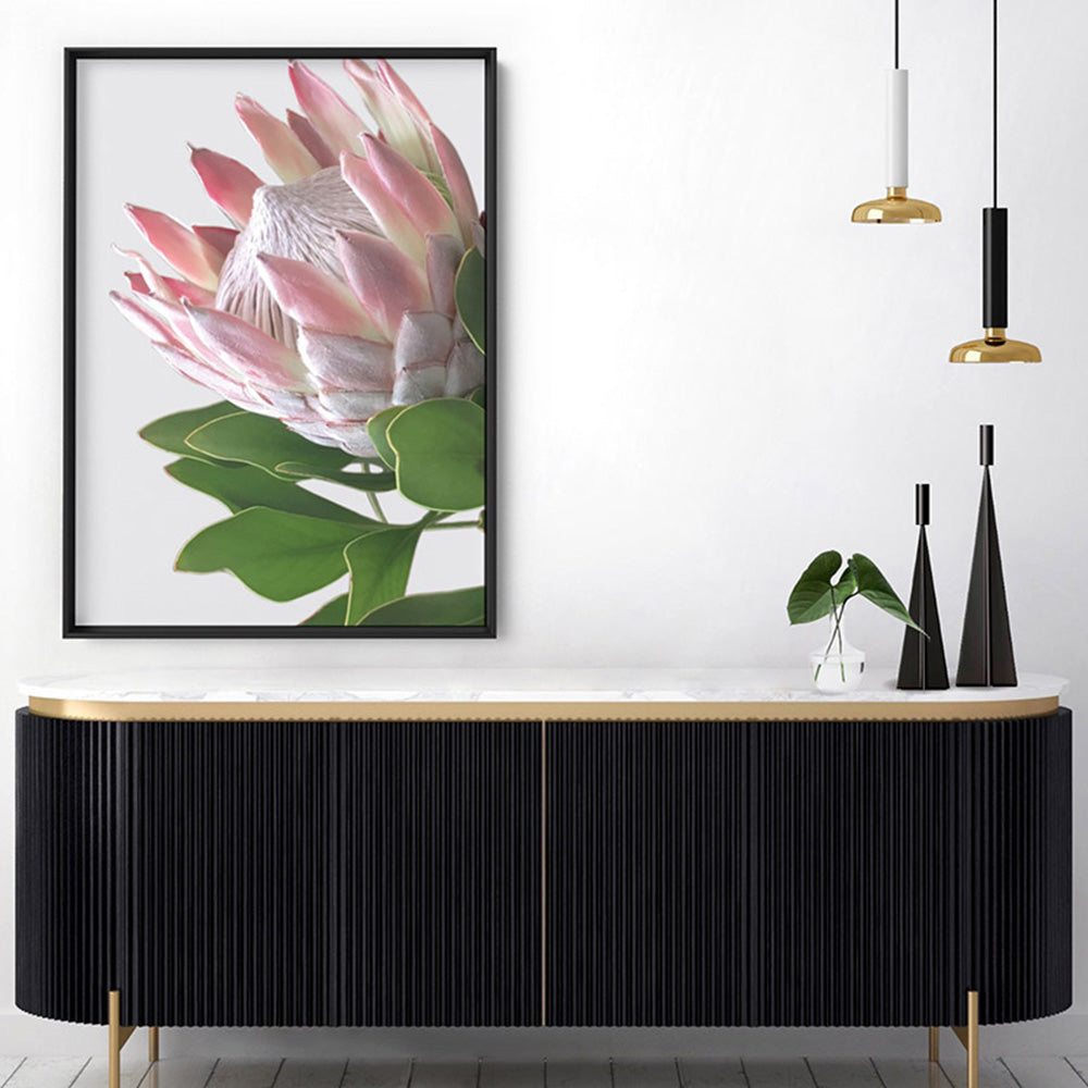 King Protea Soft Blush - Art Print, Poster, Stretched Canvas or Framed Wall Art Prints, shown framed in a room