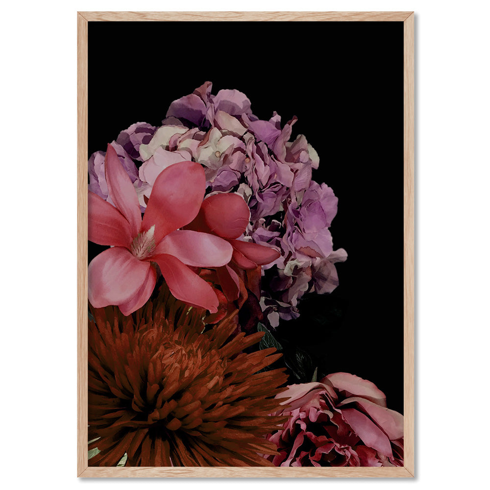 Dark Floral II - Art Print, Poster, Stretched Canvas, or Framed Wall Art Print, shown in a natural timber frame