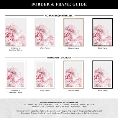 Blush Peonies - Art Print, Poster, Stretched Canvas or Framed Wall Art, Showing White , Black, Natural Frame Colours, No Frame (Unframed) or Stretched Canvas, and With or Without White Borders